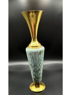 MCM Brass and Ceramic Vase Turquoise Crackle Finish And Gold Tones Vintage